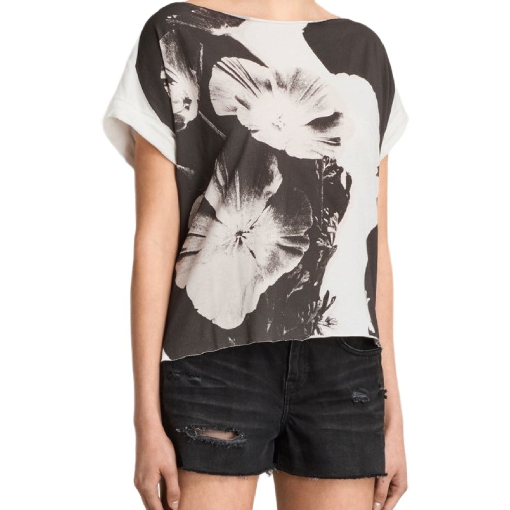 All Saints Monochrome Oversized Floral Short Sleeve Tee Size Small - Picture 2 of 7